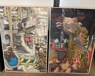 Cesar Santander Pair of Carousel Horses 24.5" X 36.5" each Oil on Board "The Horse With The Roses 1987 London Ontario "Galloper" 1987 London Ontario