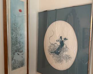 Left 1981 Scissor Cut Art on Rice Paper & Victor ING, A.W.S. China - Deer 7" X 21"