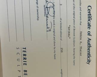 Terrie Bennett Sculpture Certificate
