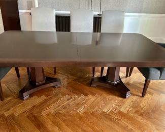 First Circle Regency Double Pedestal Dining Table; 96" x 48" x 30".  PLUS one 18" leaf. Mahogany base, mahogany, satinwood and ebony top..