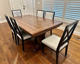 Bausman Company English Country Farmhouse table. 72" x 46 x 30 with (2) 20" self storing extensions..  Set of six (6) Bausman Company Dining Chairs with X back.