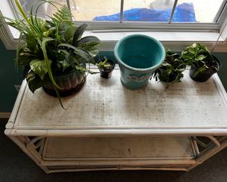 Wicker table. Currently used as plant stand so could use a good cleaning (unless using for plants). Other than that, in good condition. L- 44in, W-18in, H-29in. Available for presale. Text 407-448-3093.