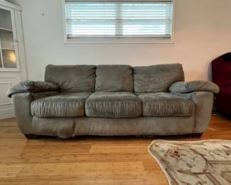 Comfortable, but well-loved couch. L 92 in, W 41in, 36 in. Available for presale. Text 407-448-3093.