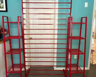 Red metal bed frame and two matching book shelves. Available for presale. Text 407-448-3093.