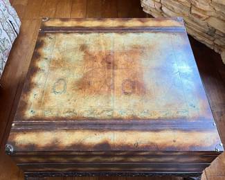 Matching coffee and side table. Coffee table: L-36, W-36, H-19 ; side table: L-29, W-22, H-23. Available for presale. Text Sara at (407) 448-3093.