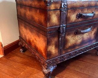 Matching coffee and side table. Coffee table: L-36, W-36, H-19 ; side table: L-29, W-22, H-23. Available for presale. Text Sara at (407) 448-3093.