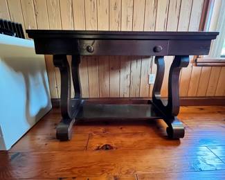 Wooden desk with drawer. L-42, W-26, H-29. Available for presale. Text Sara at (407) 448-3093.
