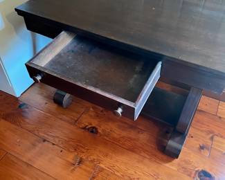 Wooden desk with drawer. L-42, W-26, H-29. Available for presale. Text Sara at (407) 448-3093.