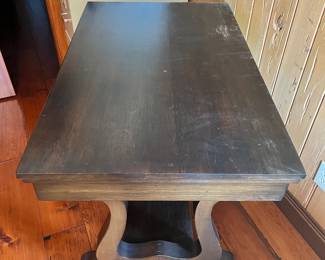 Wooden desk with drawer. L-42, W-26, H-29. Available for presale. Text Sara at (407) 448-3093.