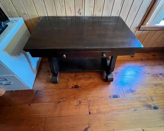 Wooden desk with drawer. L-42, W-26, H-29. Available for presale. Text Sara at (407) 448-3093.