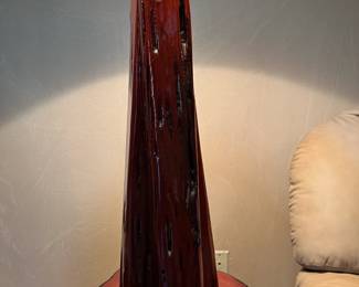 Sidetable/Lamp. Handcrafted by homeowner. Wood base and lampshade made from hide. L-27, W-23, H-63 Available for presale. Text Sara at (407) 448-3093.