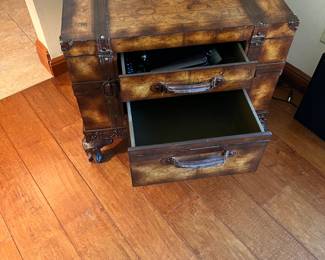 Matching coffee and side table. Coffee table: L-36, W-36, H-19 ; side table: L-29, W-22, H-23. Available for presale. Text Sara at (407) 448-3093.