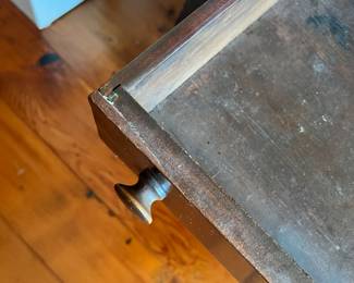 Wooden desk with drawer. L-42, W-26, H-29. Available for presale. Text Sara at (407) 448-3093.