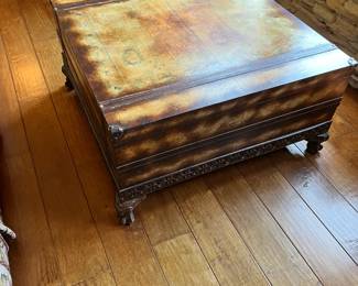 Matching coffee and side table. Coffee table: L-36, W-36, H-19 ; side table: L-29, W-22, H-23. Available for presale. Text Sara at (407) 448-3093.