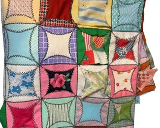 70s Era Hand Pieced Cathedral Window Quilt