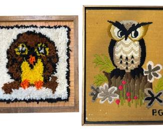 Vtg. Owl Framed Hook Rug and Needlecraft
