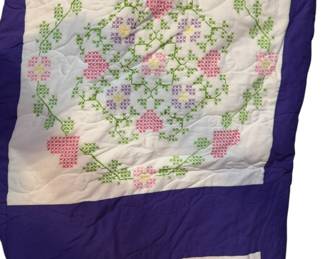 Floral Hand Embroidered Machine Sewn Quilt