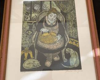 Original Woodcut “The Angel Shabbat” by Louise August