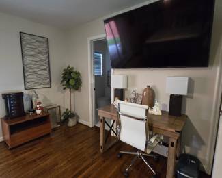 desk, white office chair, small TV cabinet, jewelry box, silk fiddle leaf fig plant and much much more! 