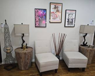 Neutral occasional chairs, artistic lamps and contemporary side tables (we have 3 of these), pop-art wall decor and more
