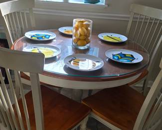 Glass topped, wood table with 4 chairs, Crate & Barrel whimsical bug plates and more