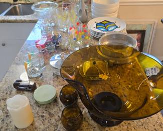 vintage Pyrex in aluminum trays,  hand-blown amber glass, Culver glass, Crate & Barrel bug plates 