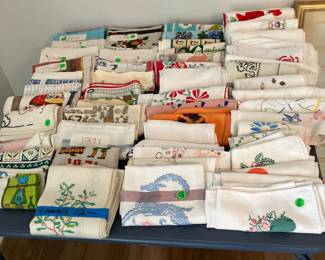 Embroidered linens, vintage linen calendars