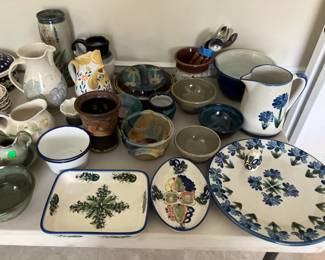Pottery bowls, dishes, Louisville Stoneware platter