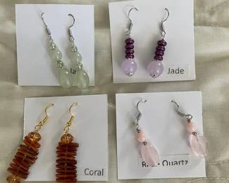 HHC533 - Myrna Lee Chang Jade, Rose Quartz,& Coral Beaded Earrings