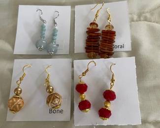 HHC571 - Myrna Lee Chang Crystal, Jade, Coral, & Bone Beaded Earrings