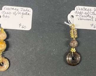 HHC465 Myrna Lee Chang Vintage Jade Disk + Pewter Vermeil Pendant And Jade Disk + Agate Pendant