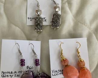 HHC511 - Myrna Lee Chang Purple Mother-of-Pearl, Pewter, & Peach Lucite Earrings