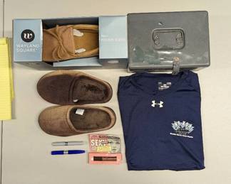 HHC023 ASSORTED SLIPPERS, SLIP ONS, SHIRT, TOOL BOX FLOSS AND LIP STAINS.