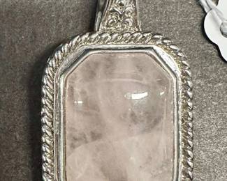 HHC466 Myrna Lee Chang Metal Framed Rose Quartz Rectangle Pendant
