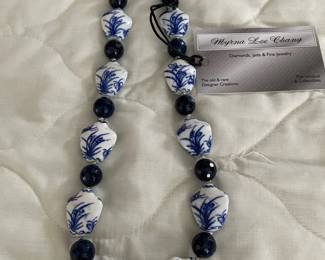 HHC501 - Myrna Lee Chang Blue & White Porcelain /Crystal Necklace 10 1/2”