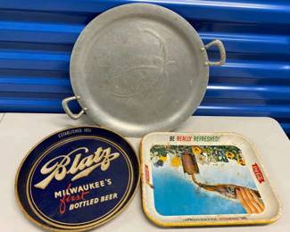 HHC131 - Three Vintage Metal Serving Trays - Coca-Cola, Blatz Beer & Hand Forged Metal