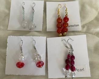 HHC540 - Myrna Lee Chang Pearl, Jade, Crystal , & Carnelian Beaded Earrings