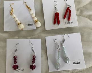 HHC535 - Myrna Lee Chang Agate, Bone, Coral, & Jade Beaded Earrings