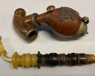 HHC139 - Two Antique Tobacco Pipes - Hand-Carved Wood & Ivory-Like, Horn