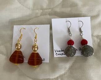 HHC518 - Myrna Lee Chang Vintage Jade /Cinnabar & Glass Earrings