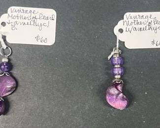 HHC467 2 Myrna Lee Chang Vintage Mother Of Pearl + Amythest Pendants