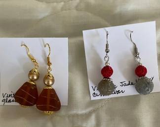 HHC523 - Myrna Lee Chang Cinnabar/Jade & Glass Bead Earrings
