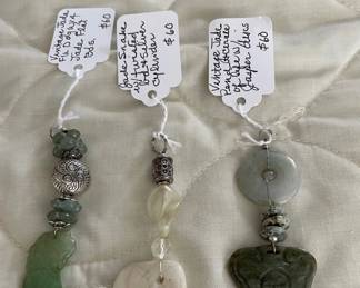 HHC578 - Myrna Lee Chang Snake & Fu Dog Jade, Pewter, & Jasper Beaded Pendants