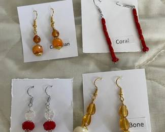 HHC575 - Myrna Lee Chang Coral, Carnelian, Bone, & Crystal Beaded Earrings