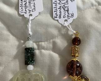 HHC581 - Myrna Lee Chang Double Coin Jade, Jasper, & Quartz Beaded Pendants