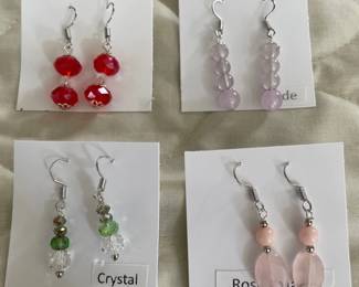 HHC546 - Myrna Lee Chang Crystal, Jade , & Rose Quartz Beaded Earrings