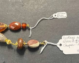 HHC412 Myrna Lee Chang Vintage Gold Stone And Jasper Pendant And Vintage Glass Carnelian