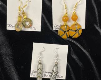 HHC432 - Myrna Lee Chang Earrings - Wood, Pewter, Jasper Dangles