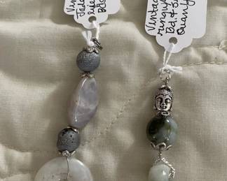 HHC582 - Myrna Lee Chang Jade, Agate, Ring With Buddha Silver Bead Pendants