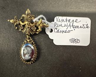 HHC495 Myrna Lee Chang Vintage Pin with Hematite Cameo